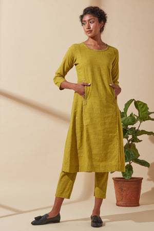 In-Sattva Women's Mustard and Gold Pure Cotton Kurta with pockets and embroidery, product image 1