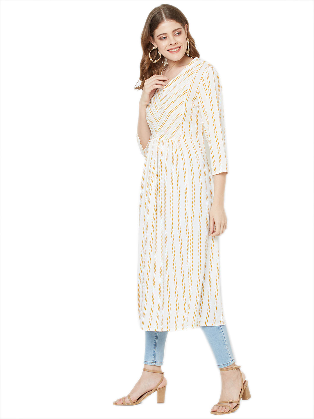 In-Sattva Women's Mustard & Off-White Tunic Dress with striped design by Sitayya, product photograph 3