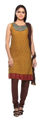 Front view of women's Mustard Foulard Print Cotton Kurta Churidar Set, showing mustard foulard motifs and a decorative embroidered yoke.