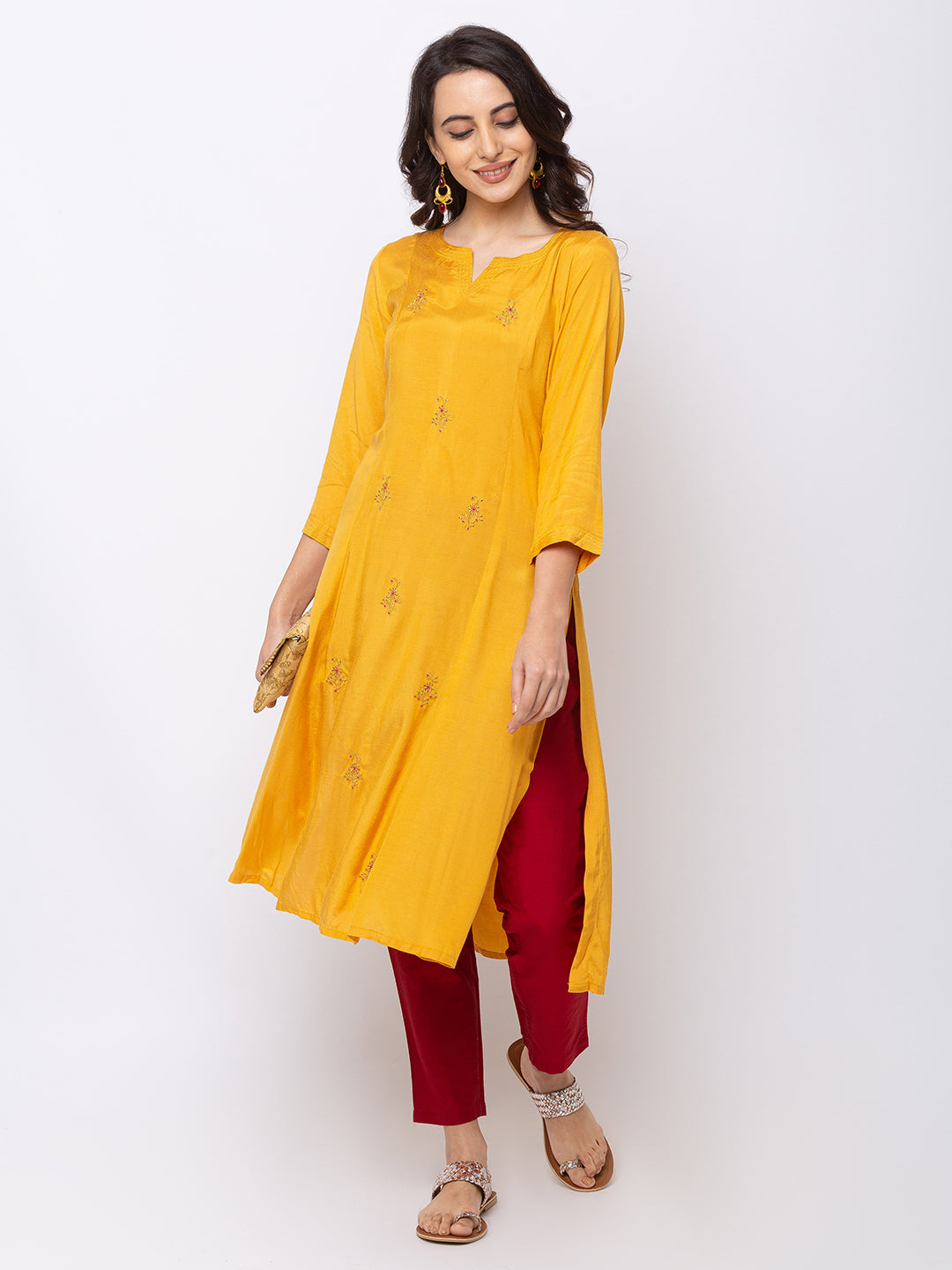 In-Sattva Women's Mustard Yellow Long Kurta Tunic with embroidery by Ethnicity, product photo 5