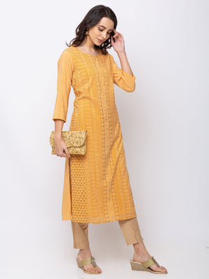 In-Sattva Women's Mustard Yellow Bohemian Print Long Straight Kurta Tunic, product photograph 1