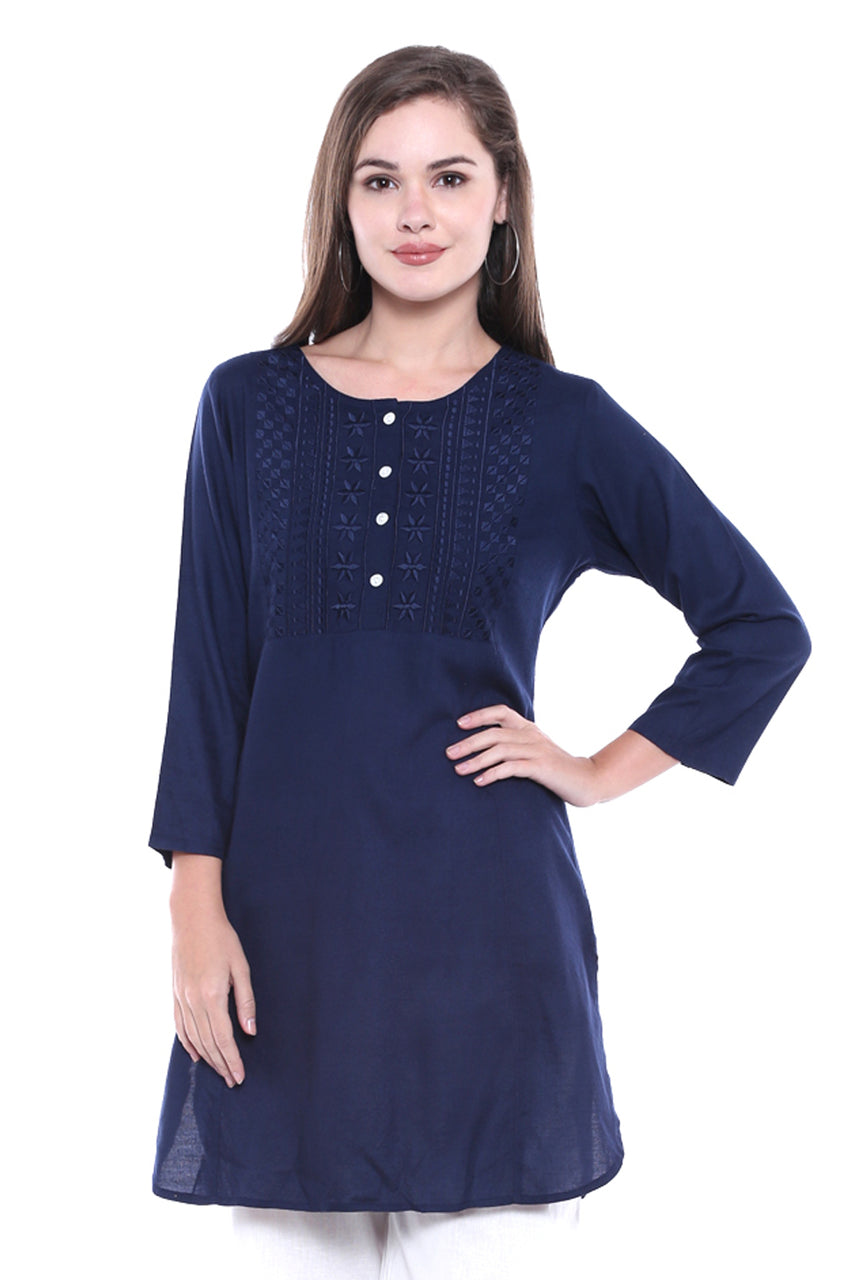 Fabric detail of Women's Indian Pintucked Short Kurta Tunic Navy, showing texture and surface finish