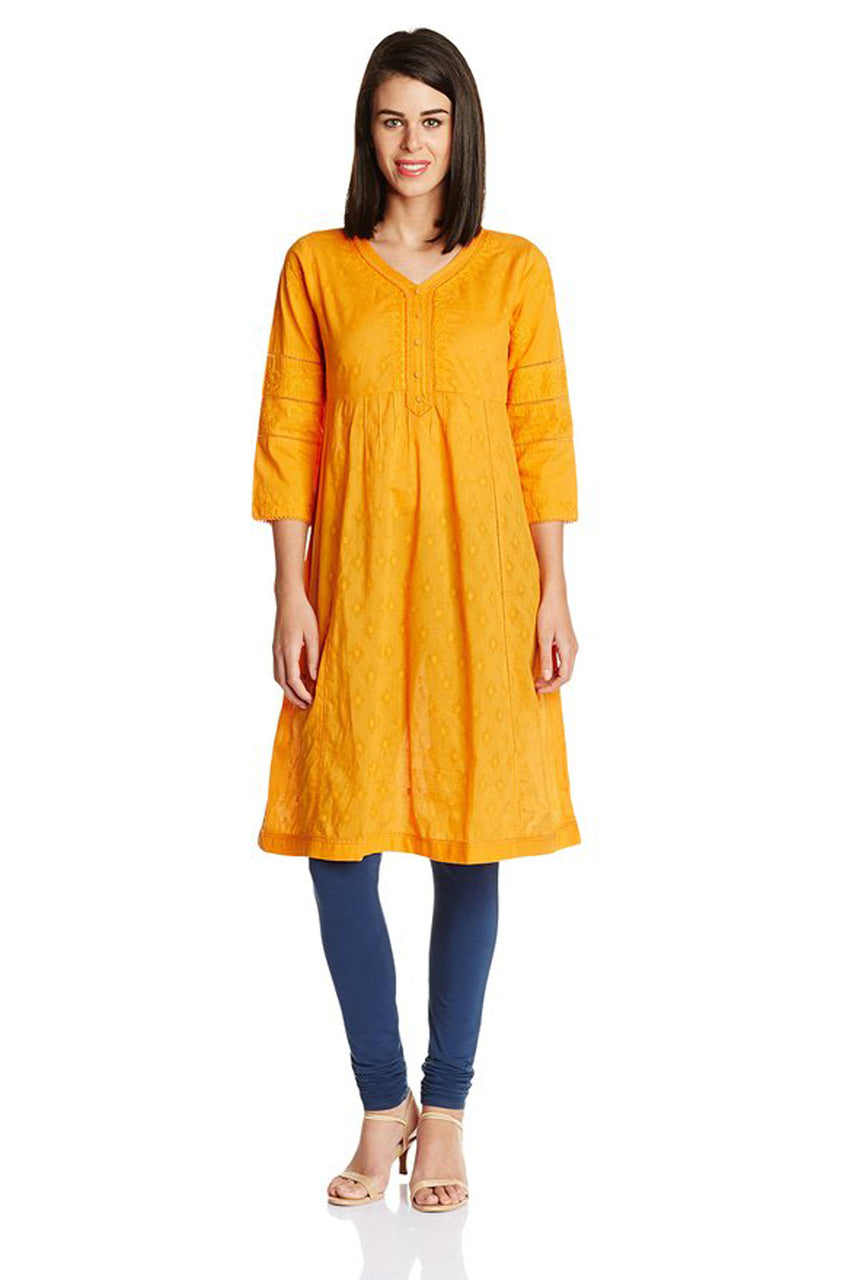 In-Sattva Women's Orange Kurta Tunic with Embroidered Patterned Detail, front view