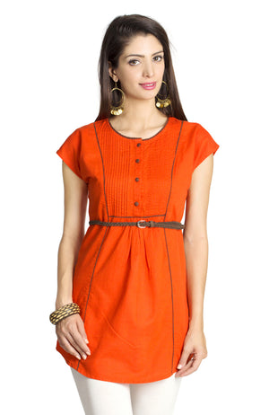 In-Sattva Women's Orange Tunic Top featuring contrast piping and cap sleeves, front view