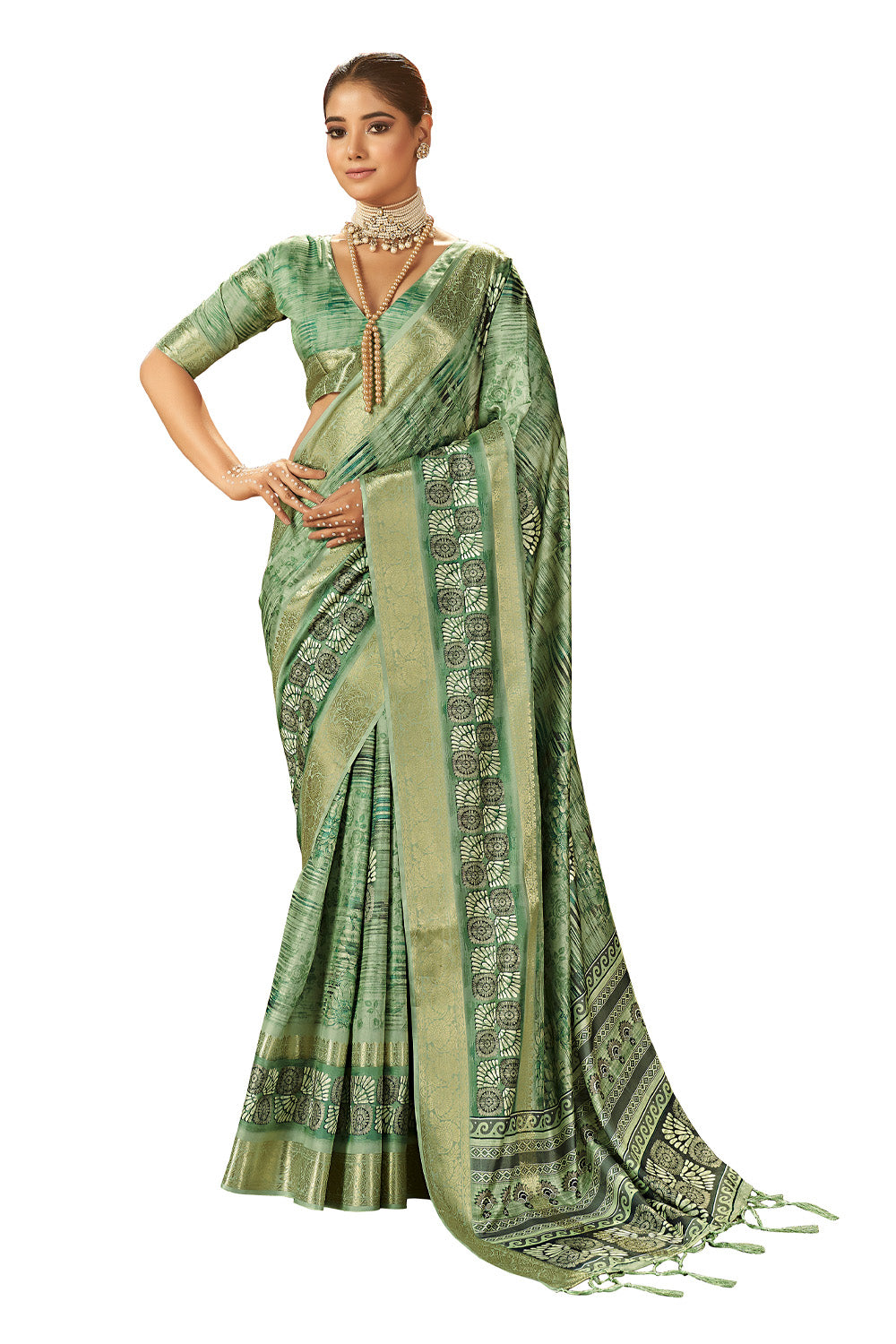 Additional product image of Orchid Green Floral Handloom Bandhni Dola Silk Saree by In-Sattva, featuring floral Bandhni-inspired print