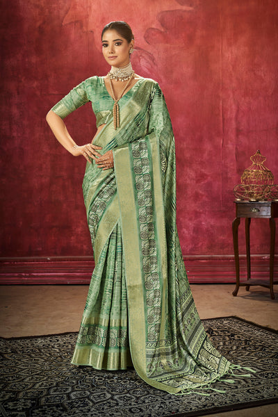 Alternate product photograph of Orchid Green Floral Handloom Bandhni Dola Silk Saree by In-Sattva, in dola silk