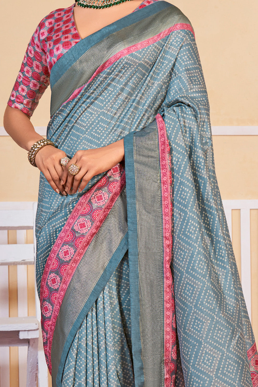 Another view of In-Sattva Pastel Blue Bandhni Tussar Silk Saree, designed with Bandhani print and block-print styling