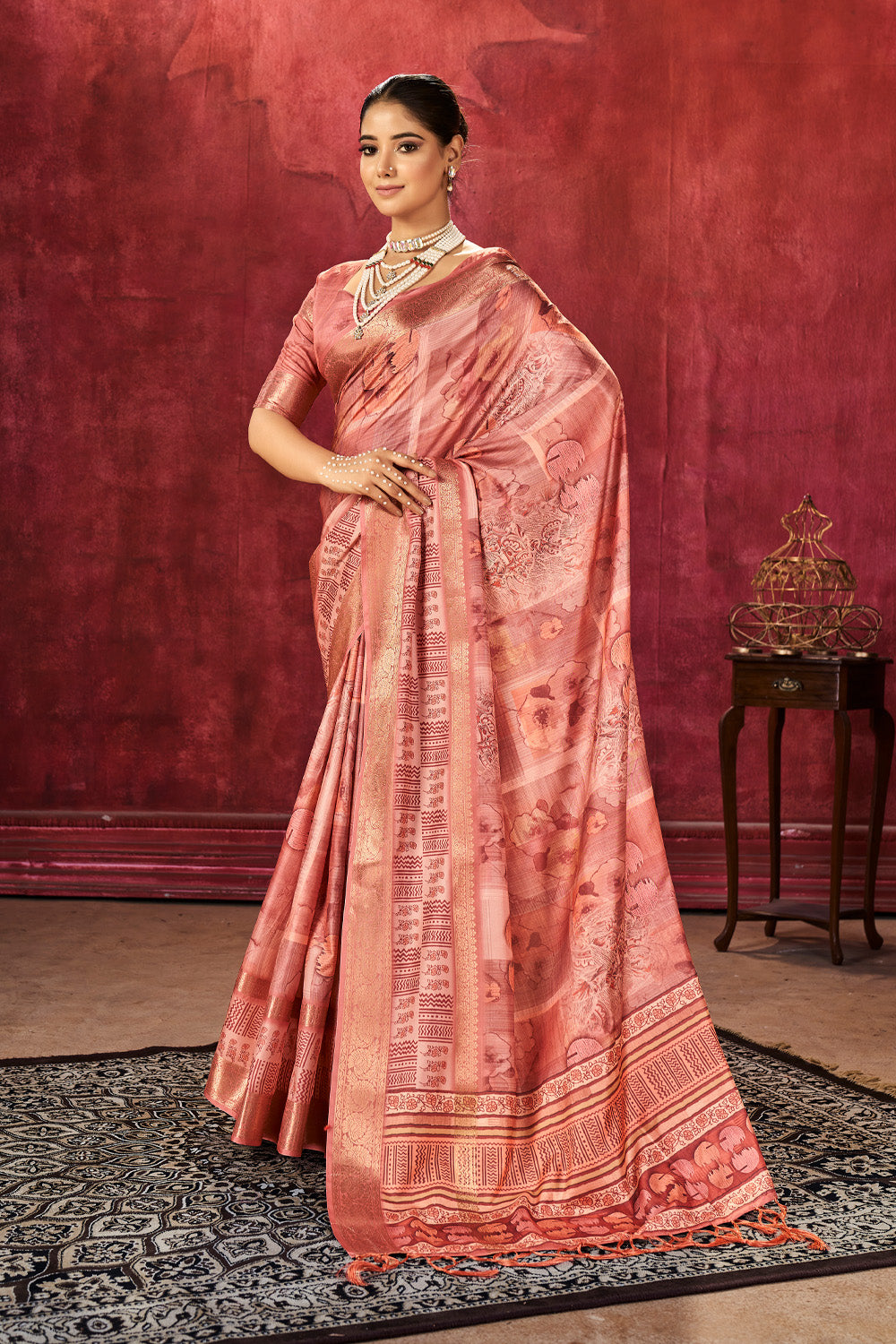 In-Sattva Peach Pink Floral Handloom Bandhni Dola Silk Saree in dola silk, additional textile photograph