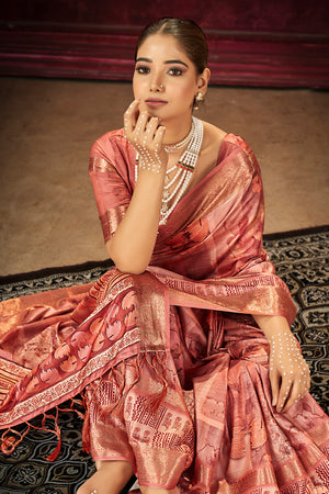 In-Sattva Peach Pink Floral Handloom Bandhni Dola Silk Saree featuring floral Bandhni-inspired print