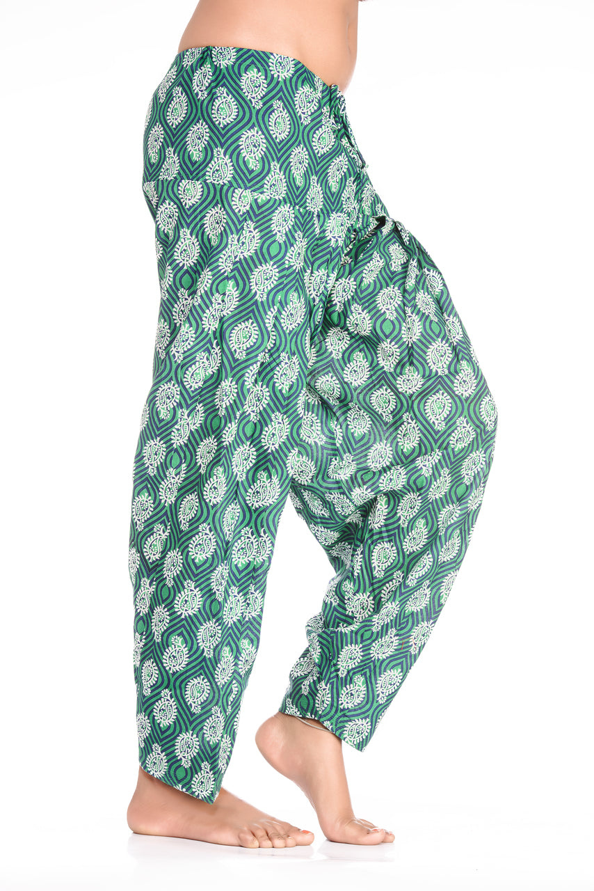 Side view of Peacock Feather Print Harem Pants, showing the garment shape and drape.