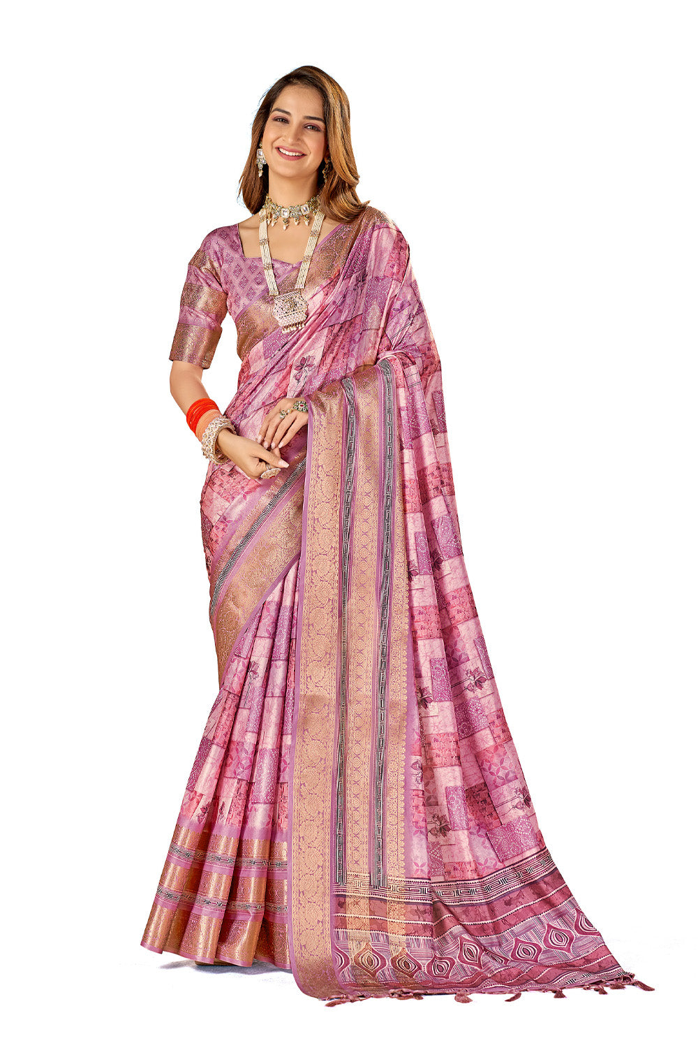 Additional product image of Peony Pink Floral Print Dola Silk Saree by In-Sattva, featuring floral print motifs
