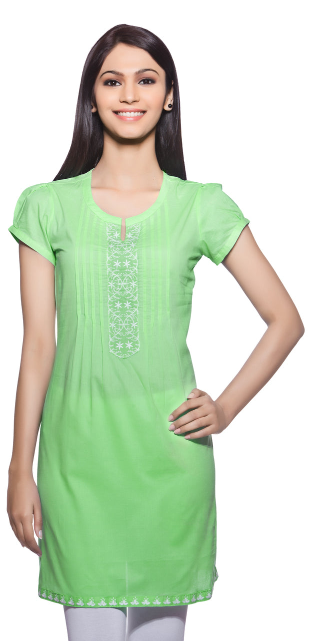 In-Sattva Women's Pistachio Long Kurta with round neck, front view