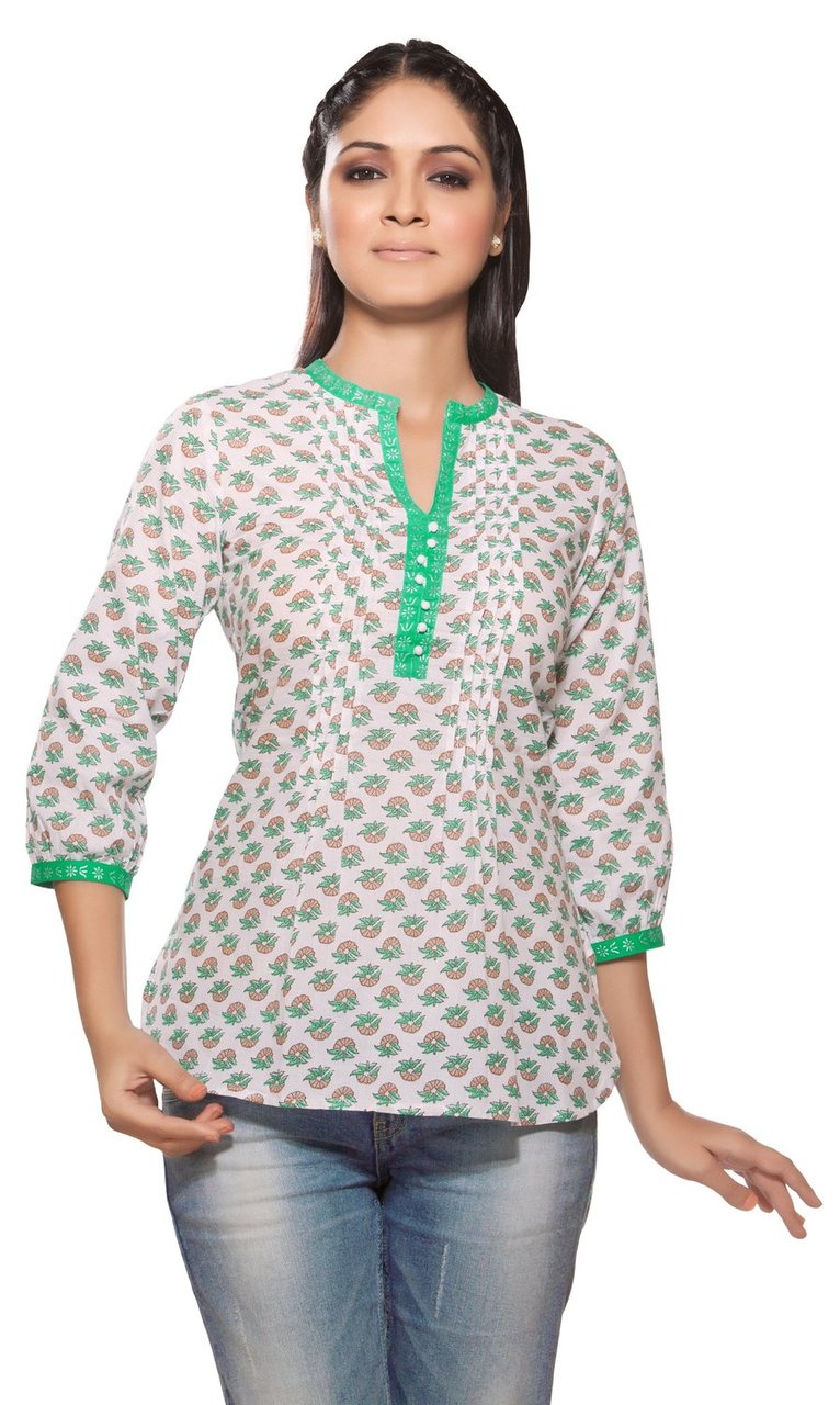 In-Sattva Women's Printed Short Kurta with Front with front pleats by Akkriti, front view