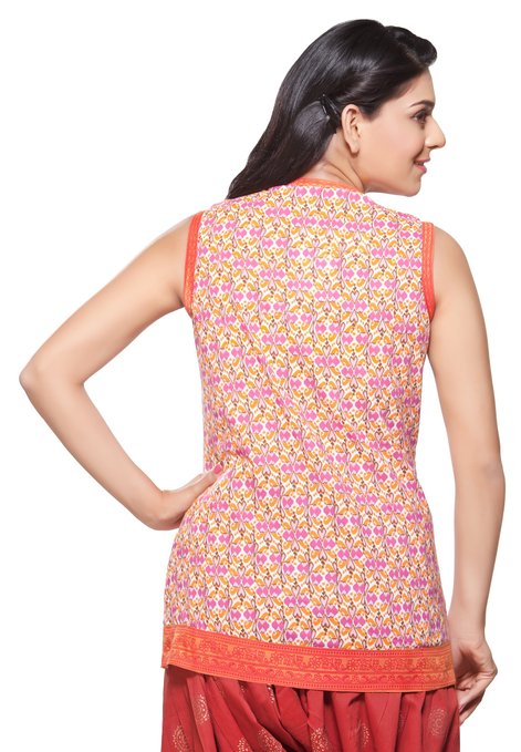In-Sattva Women's Printed Short Kurta with contrast borders & sleeveless style, back view