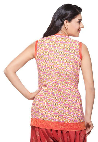 In-Sattva Women's Printed Short Kurta with contrast borders & sleeveless style, back view