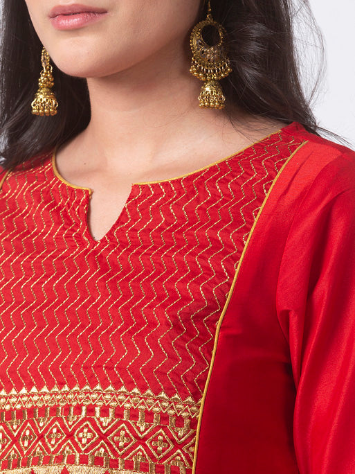 Close-up of Women's Regal Embroidered Red and Gold Long Kurta Tunic, highlighting embroidered detailing