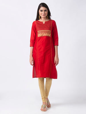 In-Sattva Women's Red & Gold Embroidered Long Kurta, product photograph 1