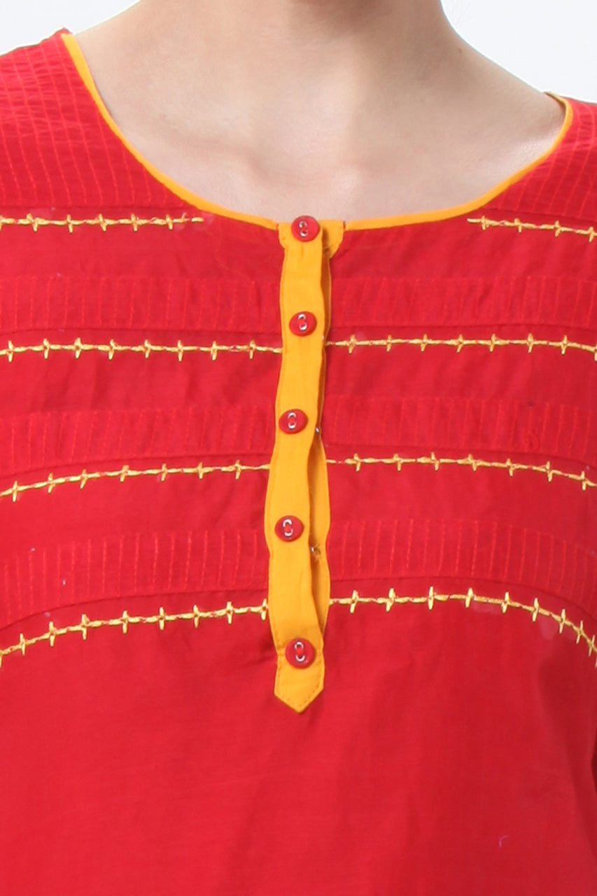 In-Sattva Women's Red & Yellow Kurta Tunic, close-up of design details