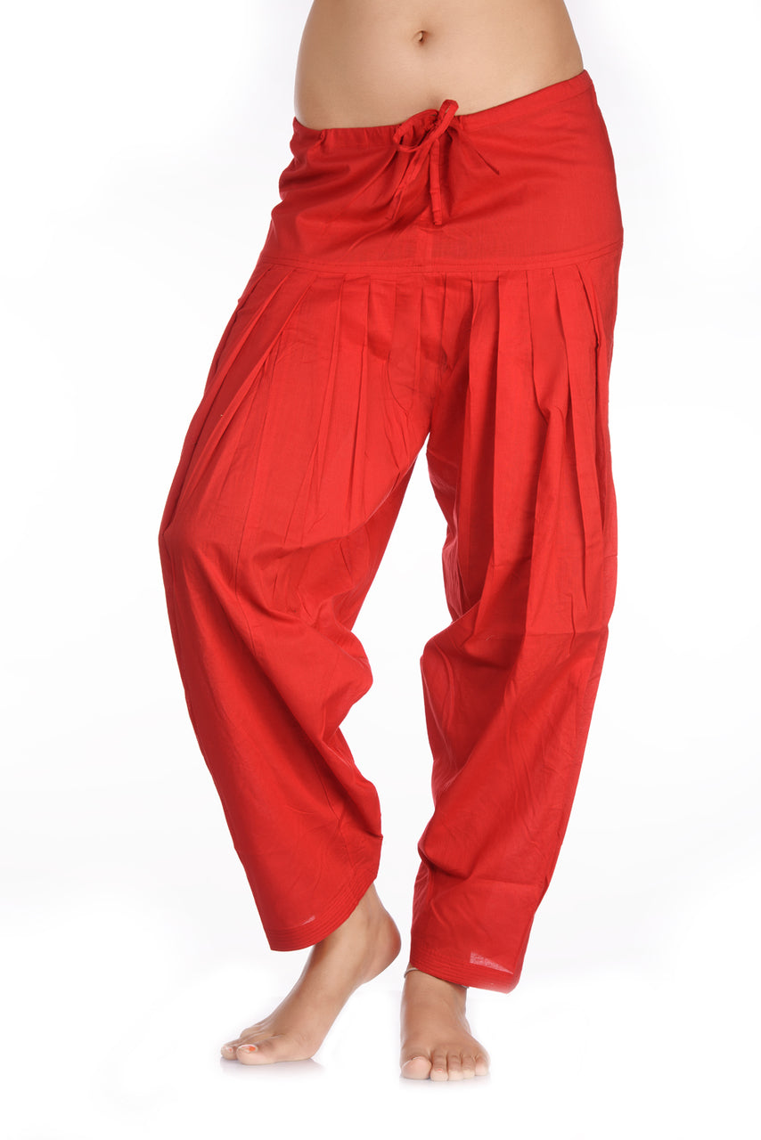 Front view of Rich Colored Harem Pants Red, showing the relaxed pants silhouette and visible color or pattern.