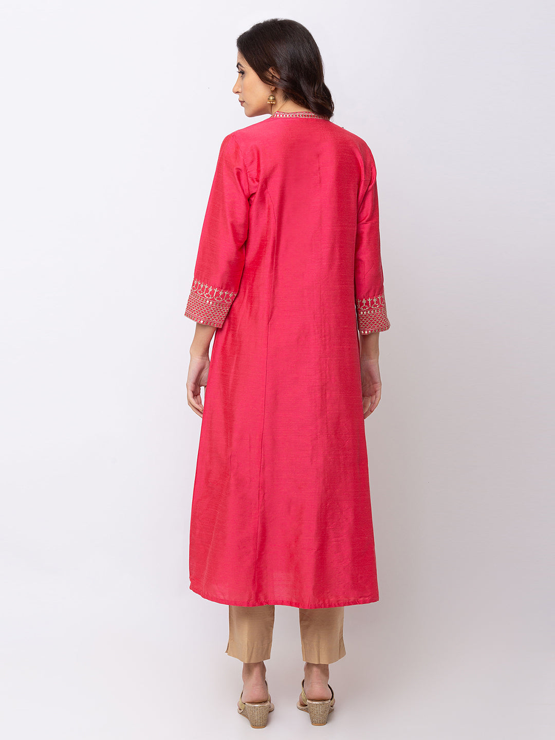 In-Sattva Women's Rose Pink Button-Down Long Kurta Dress with High Neck, product photograph 3