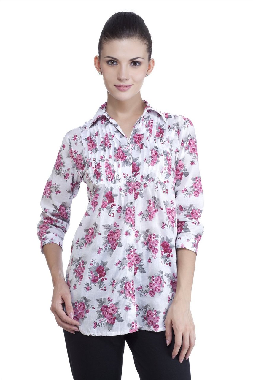 Women's Ethnic Rose Printed Top with Pintucks, front view showing the overall silhouette and pintuck detailing