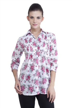 In-Sattva Women's Rose Print Tunic Top with pintuck detailing, product photograph 1