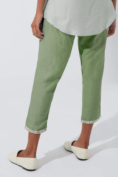 Additional view of Satin Linen Forest Green Straight Pants, showing the garment from another perspective.