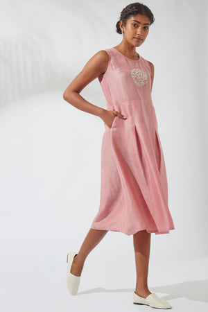 In-Sattva Women's Sea Pink Silk-Linen Blend Kurta Dress with embroidery, product photo 1