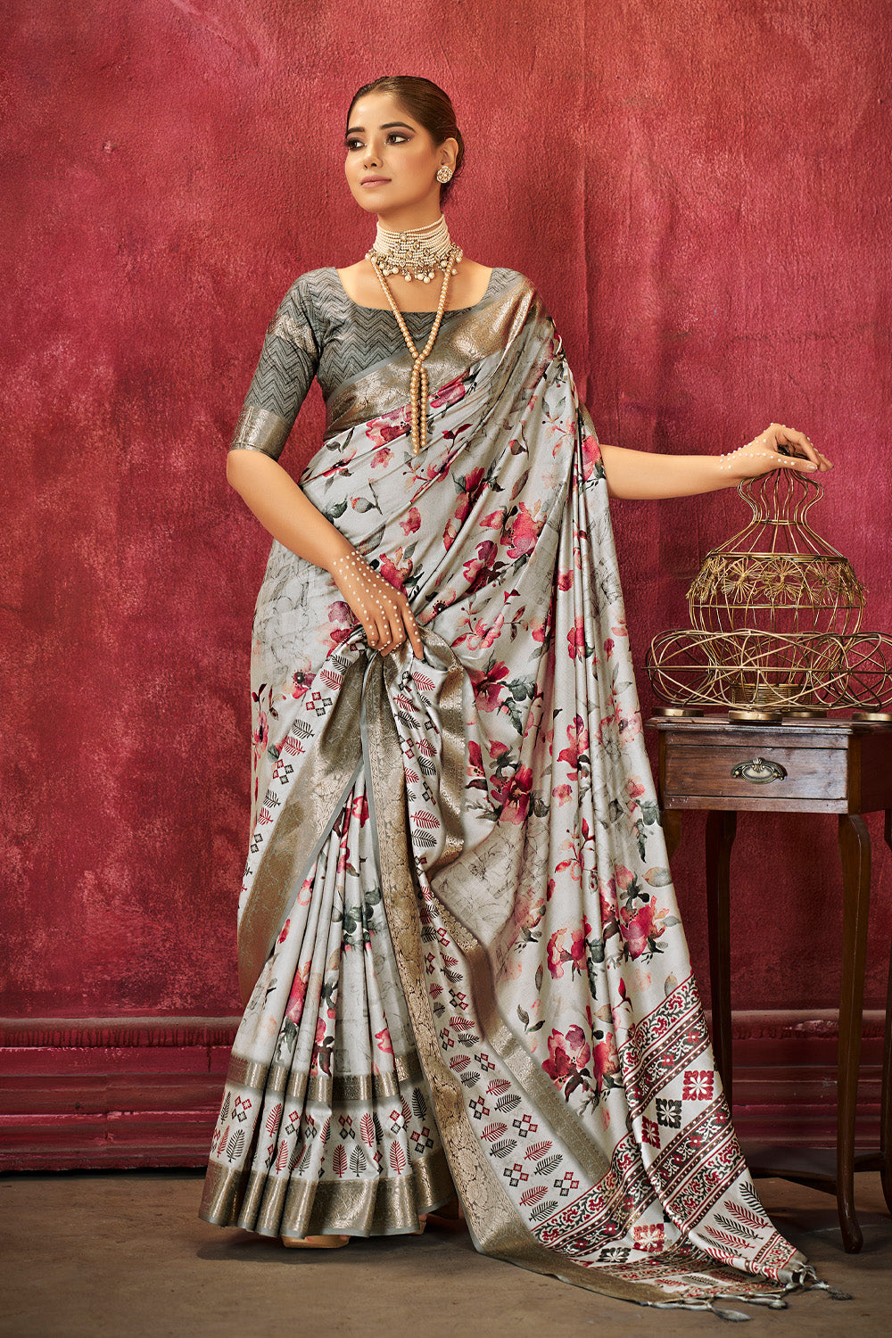 Alternate product photograph of Silver Gray Floral Handloom Bandhni Dola Silk Saree by In-Sattva, in dola silk