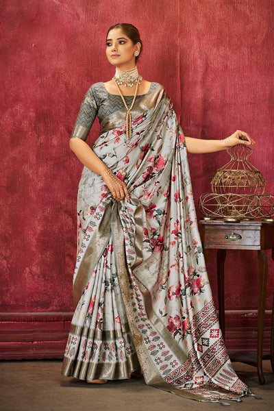 Alternate product photograph of Silver Gray Floral Handloom Bandhni Dola Silk Saree by In-Sattva, in dola silk
