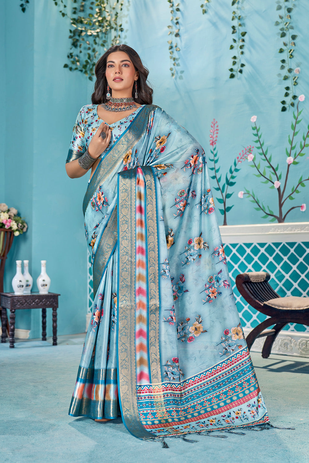 Alternate product photograph of Slate Blue Handloom Bandhni Dola Silk Saree by In-Sattva, in dola silk drape