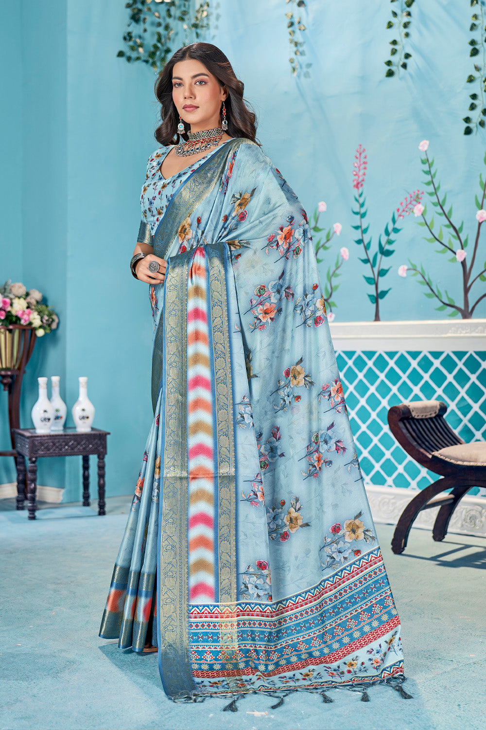 Another view of In-Sattva Slate Blue Handloom Bandhni Dola Silk Saree, designed with floral and Bandhni-inspired styling