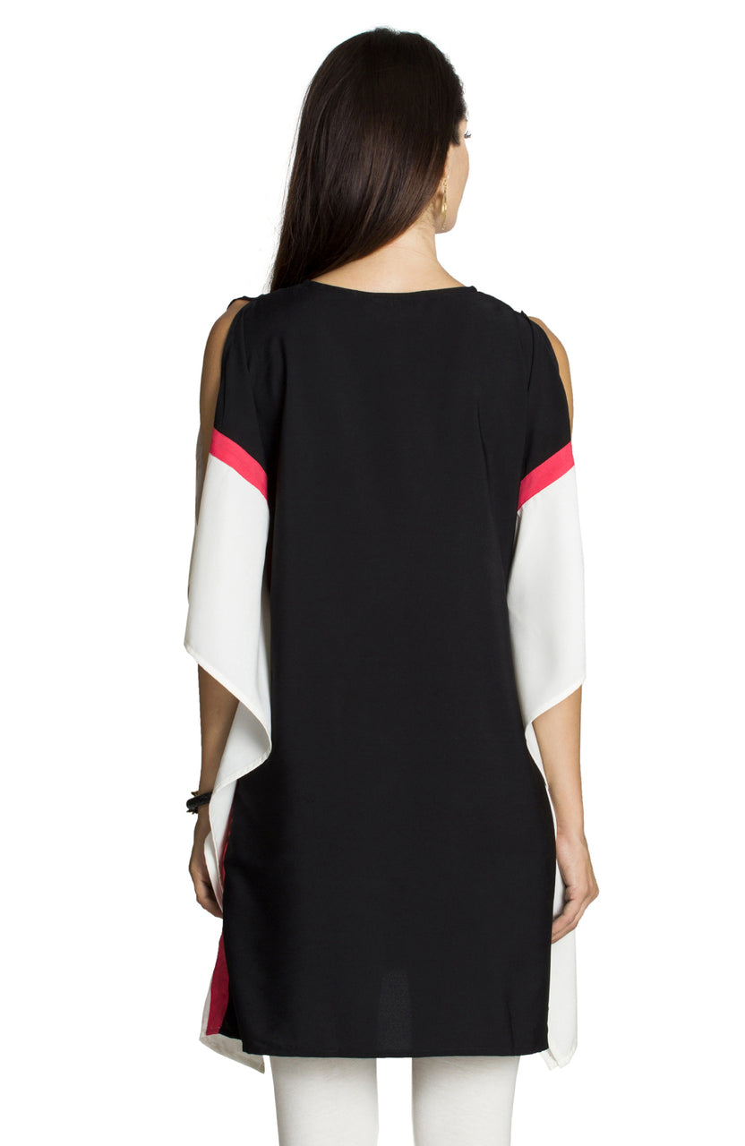 In-Sattva Women's Sleeveless Cut Tunic Shirt Blocking with color-block design, back view