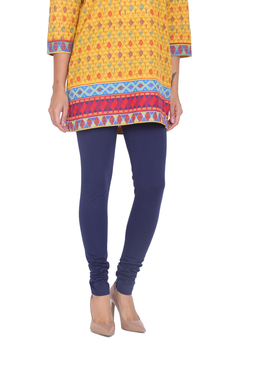 Front view of Solid Indigo Leggings, showing the leg shape, color, and overall fit.