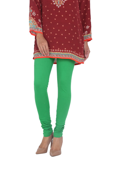 Front view of Solid Peacock Green Leggings, showing the leg shape, color, and overall fit.