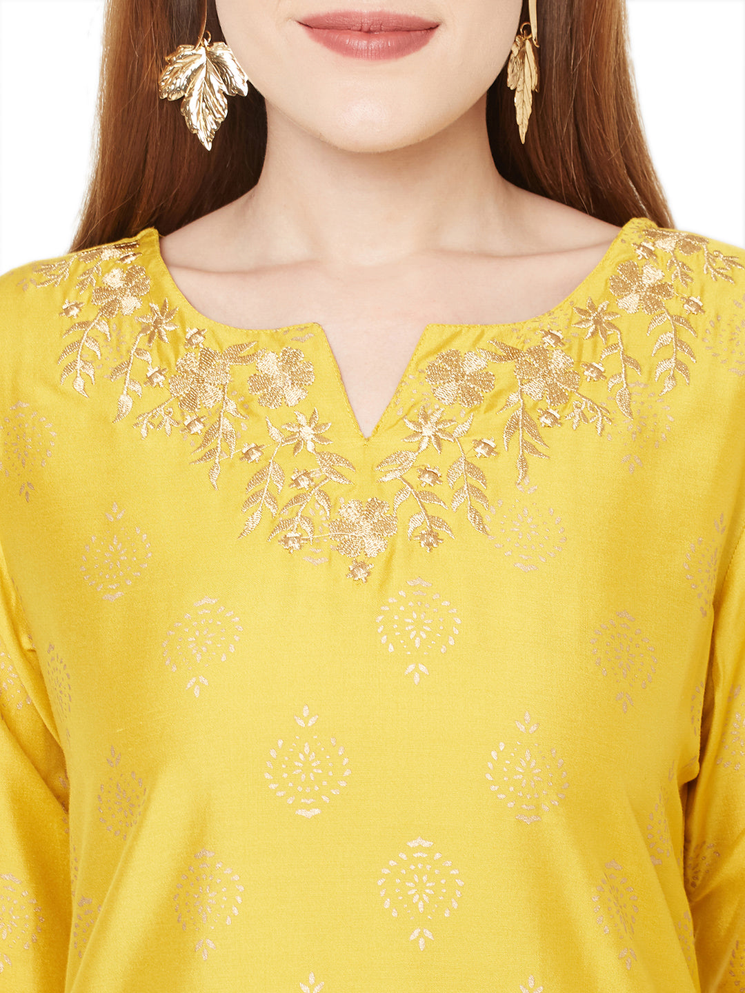 In-Sattva Women's Sunshine Yellow Kurta Tunic with Leaf Embroidered Neckline, design detail close-up 6
