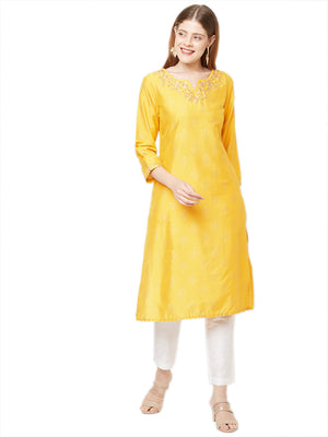 In-Sattva Women's Sunshine Yellow Kurta Tunic with Leaf Embroidered Neckline, design detail close-up