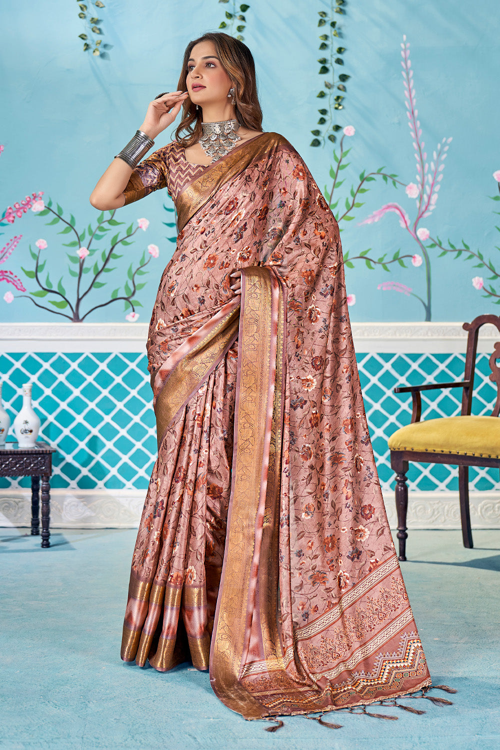 Tan Pink Handloom Bandhni Dola Silk Saree by In-Sattva, an elegant traditional drape with floral and Bandhni-inspired styling