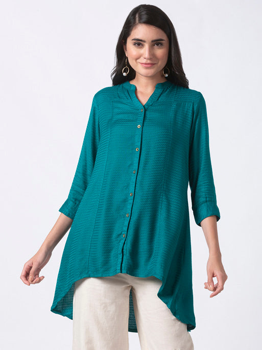 In-Sattva Women's Teal Kurta Tunic - Functional Front Detail with button placket, product photo 1
