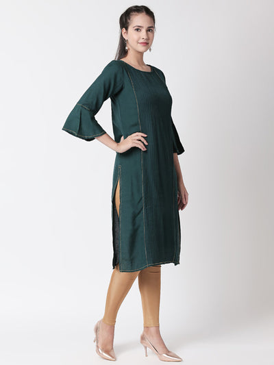 In-Sattva Women's Teal Long Kurta Tunic with bell sleeves & pleat detailing, product photo 2