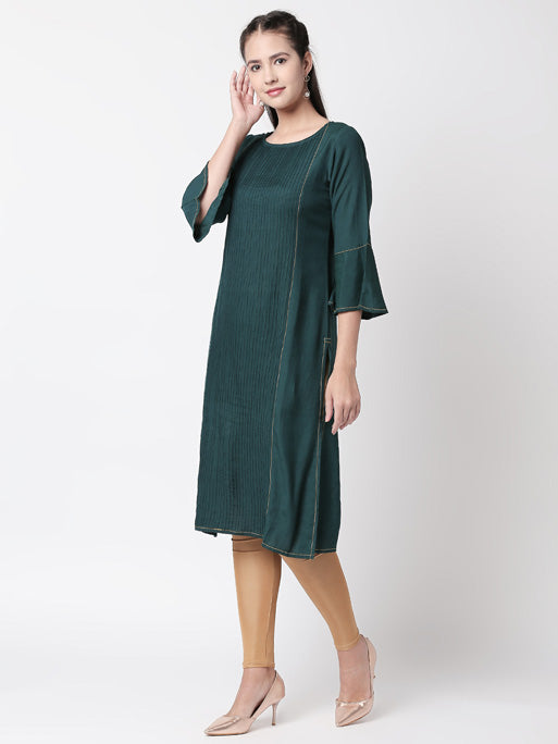 In-Sattva Women's Teal Long Kurta Tunic with bell sleeves & pleat detailing, product photo 3