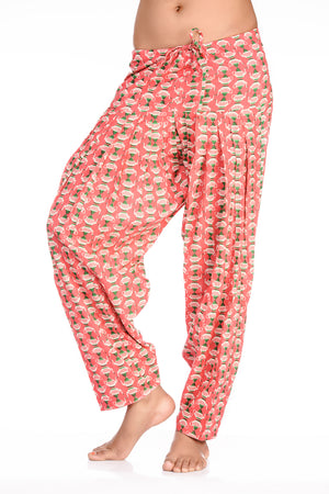 Front view of Teapot Print Harem Pants, showing the relaxed pants silhouette and visible color or pattern.