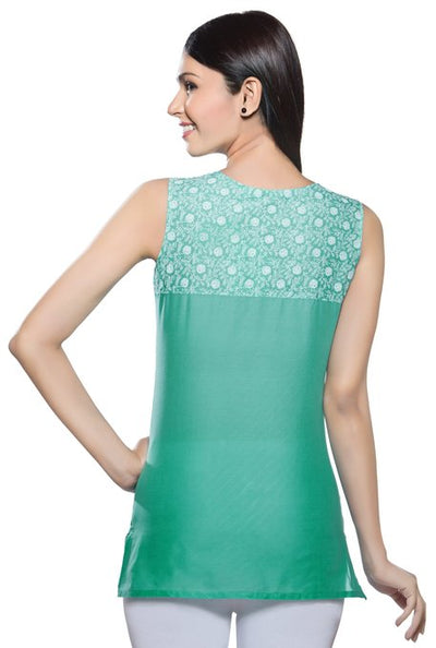 In-Sattva Women's Turquoise Sleeveless Pintuck Short Kurta with contrast yoke, back view
