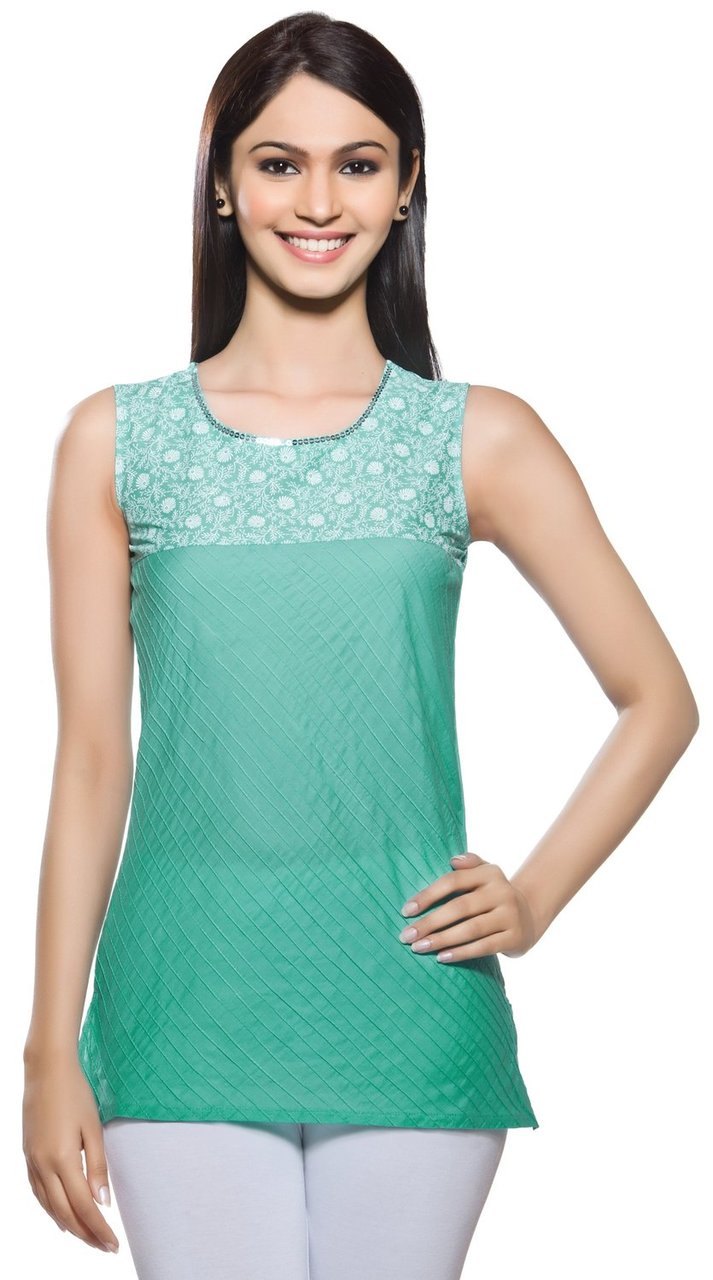 In-Sattva Women's Turquoise Sleeveless Pintuck Short Kurta with contrast yoke, front view