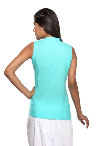 In-Sattva Women's Turquoise Tunic Top with sleeveless style & pleat detailing, back view