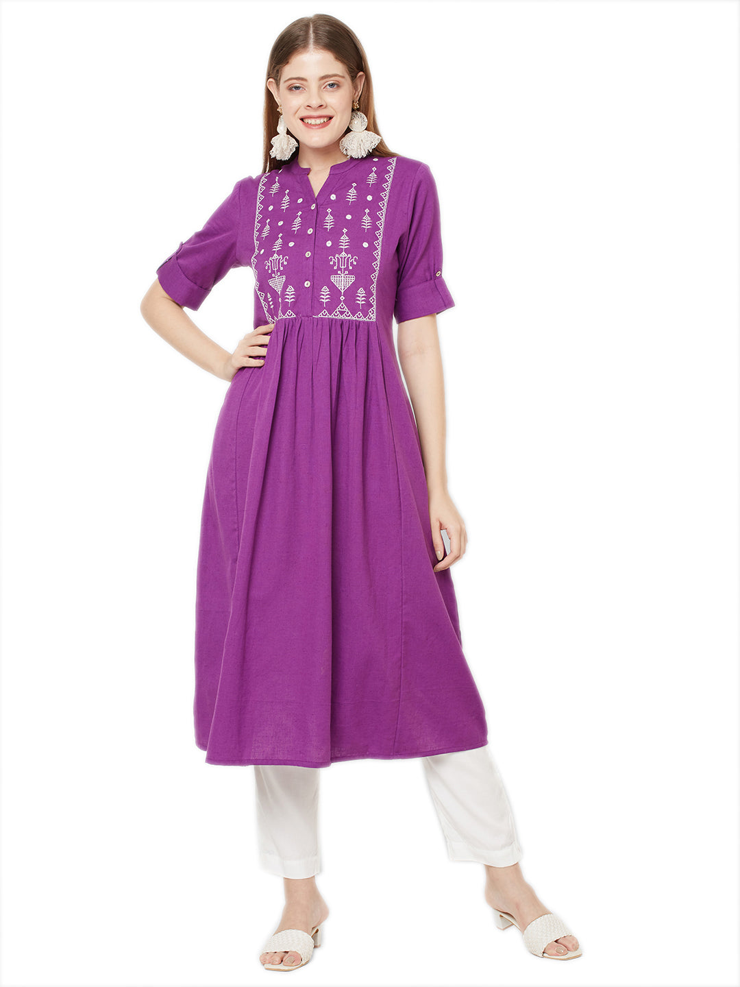 In-Sattva Women's White & Purple Embroidered Kurta Dress with a-line silhouette, product photograph 1