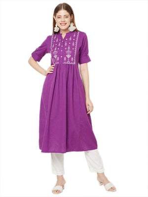 In-Sattva Women's White & Purple Embroidered Kurta Dress with a-line silhouette, product photograph 1