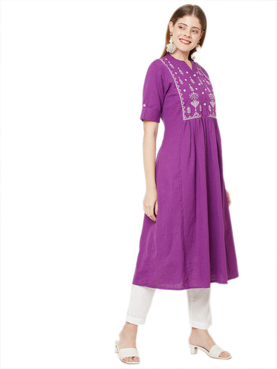 In-Sattva Women's White & Purple Embroidered Kurta Dress with a-line silhouette, product photograph 2