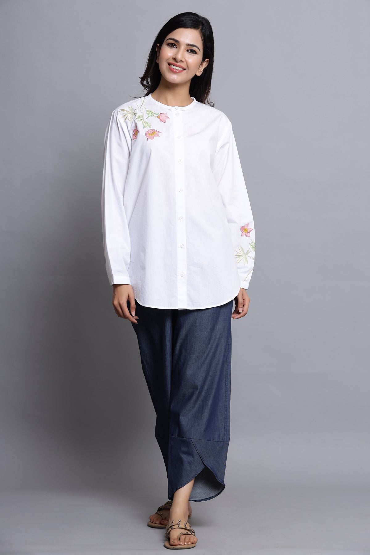 In-Sattva Women's White Cotton Tunic Shirt by Mayori, full view