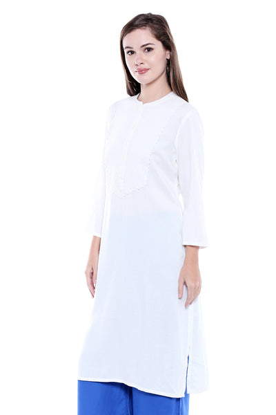 Side view of Women's Indian Summer Patterned Yoke White Kurta Tunic, showing the fit, cut and drape